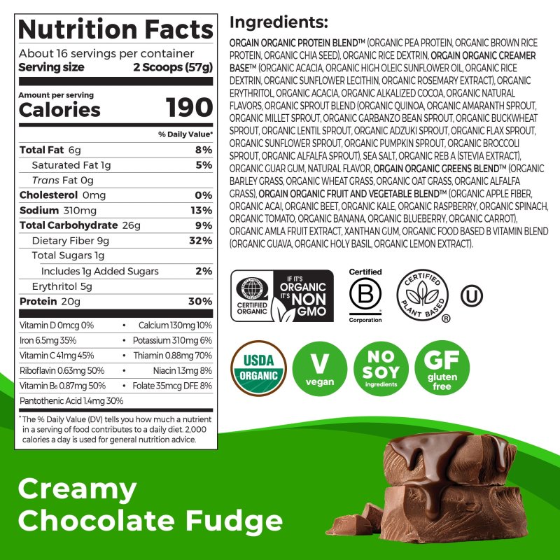 ORGAIN ORGANIC VEGAN MEAL REPLACEMENT POWDER 20G PLANT BASED PROTEIN CHOCOLATE 2.01LB