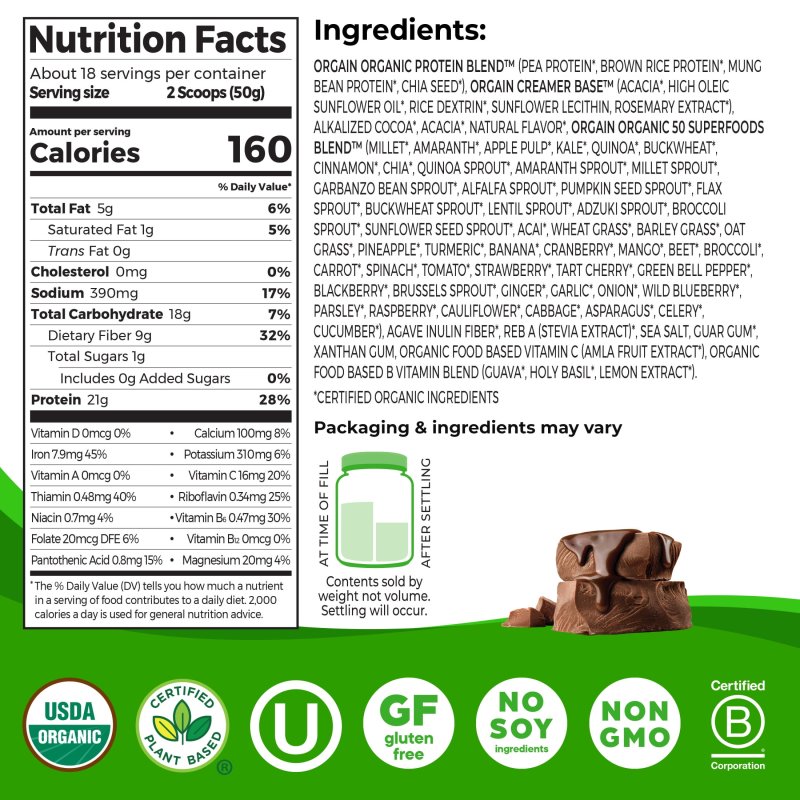 ORGAIN ORGANIC VEGAN PROTEIN SHAKE POWDER CHOCOLATE 2.02LB WITH 50 SUPERFOODS - PLANT BASED AMPLE NUTRITION