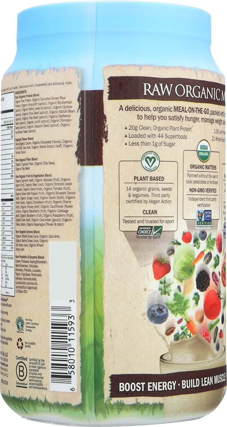 GARDEN OF LIFE RAW ORGANIC CHOCOLATE MEAL REPLACEMENT SHAKE POWDER 2.2LB 35.9OZ 20G PROTEIN"