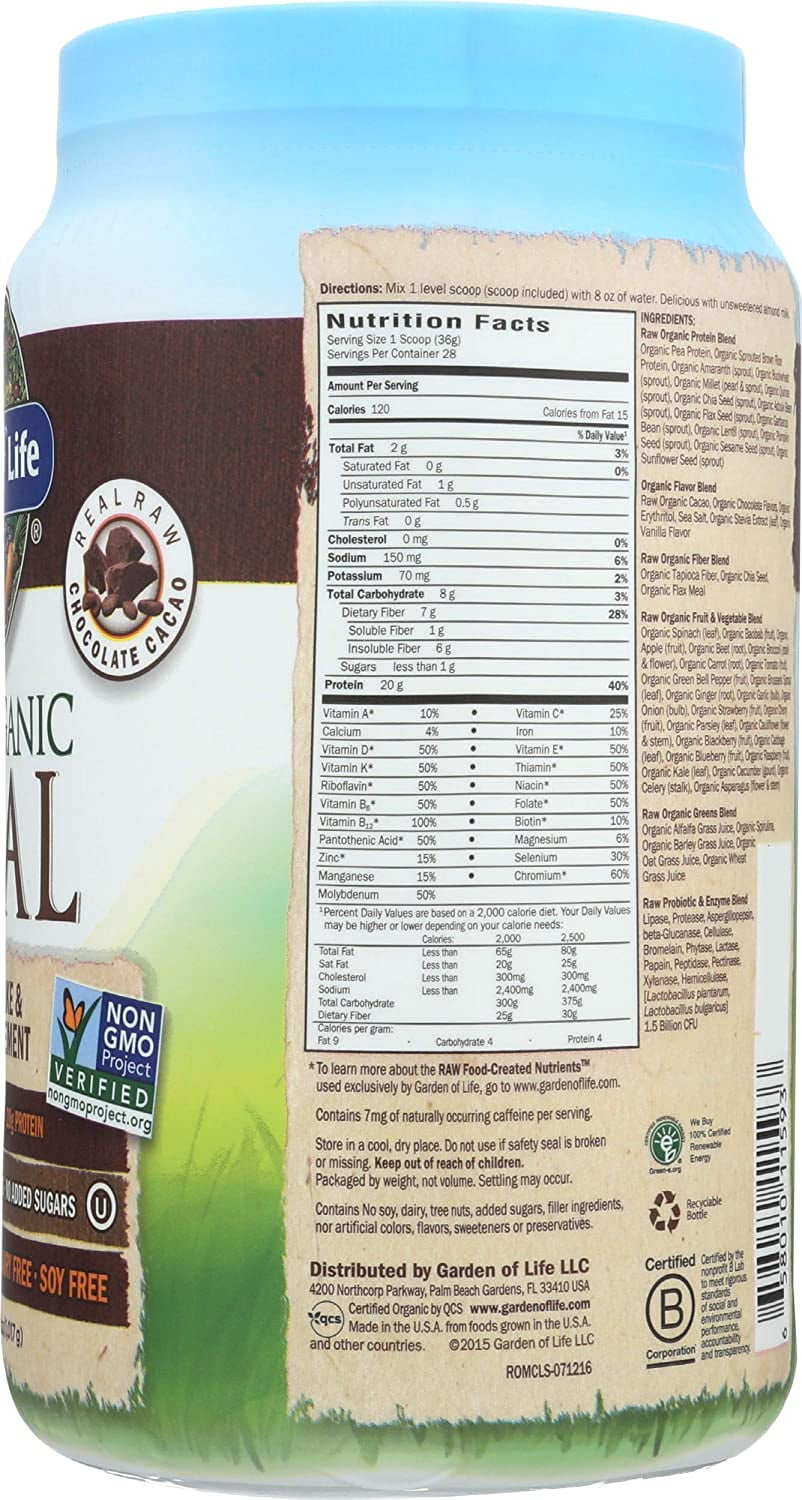 GARDEN OF LIFE RAW ORGANIC CHOCOLATE MEAL REPLACEMENT SHAKE POWDER 2.2LB 35.9OZ 20G PROTEIN"