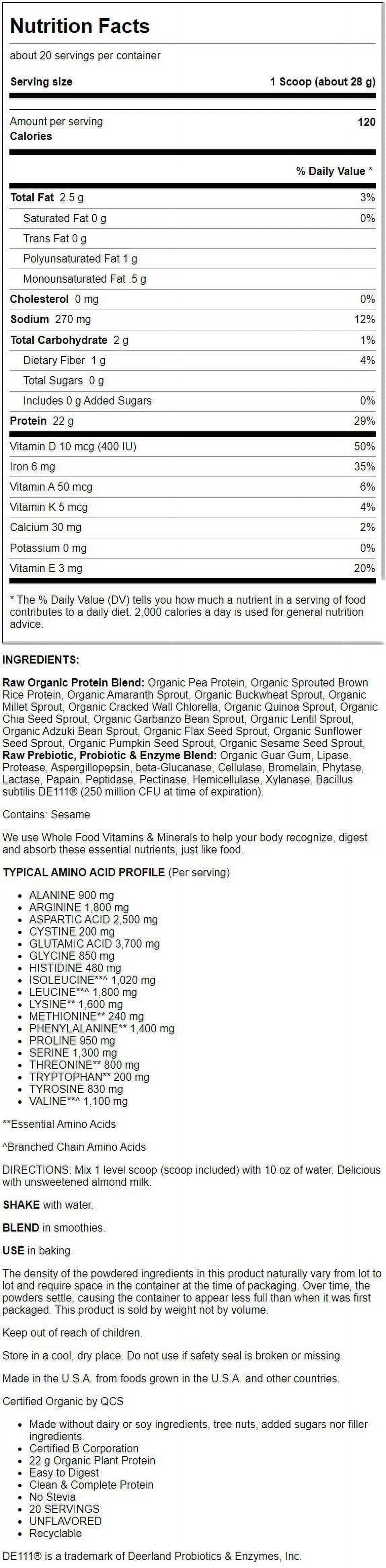 GARDEN OF LIFE RAW ORGANIC PROTEIN POWDER UNFLAVORED 1.2LB 22G PROTEIN 19.8OZ