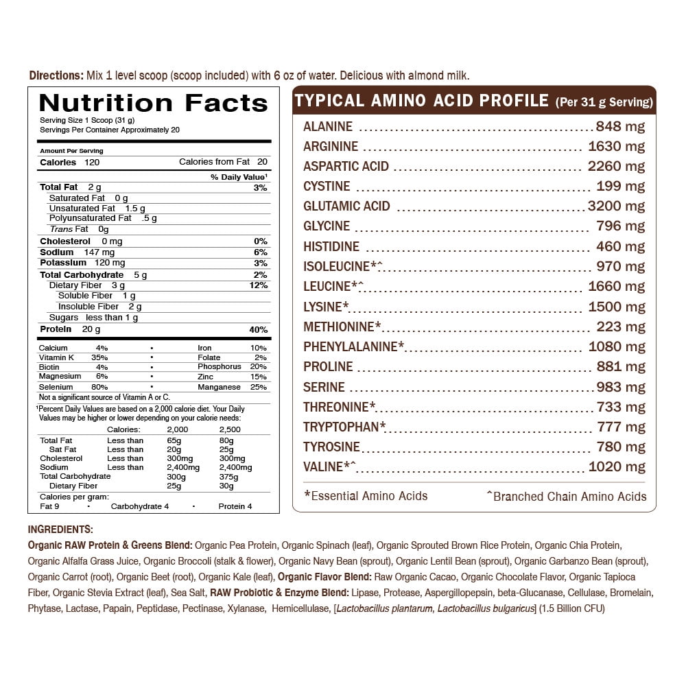 GARDEN OF LIFE RAW PROTEIN GREENS CHOCOLATE 20G PROTEIN 1.4LB 22.0OZ