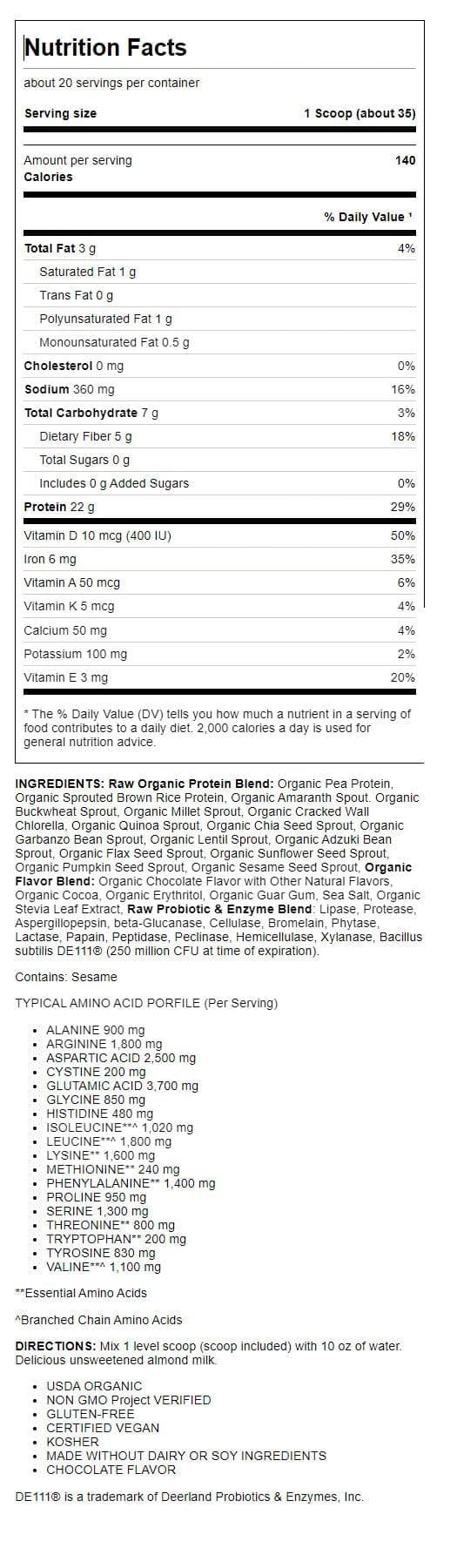 GARDEN OF LIFE ORGANIC CHOCOLATE RAW PROTEIN POWDER 23.4OZ - 664G