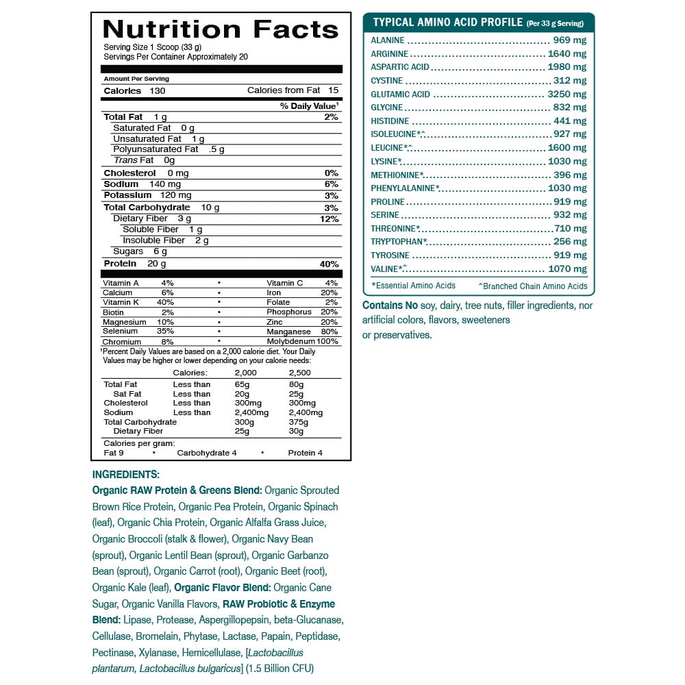 GARDEN OF LIFE RAW PROTEIN GREENS POWDER LIGHTLY SWEET 20G PROTEIN 1.4LB 23.0OZ"