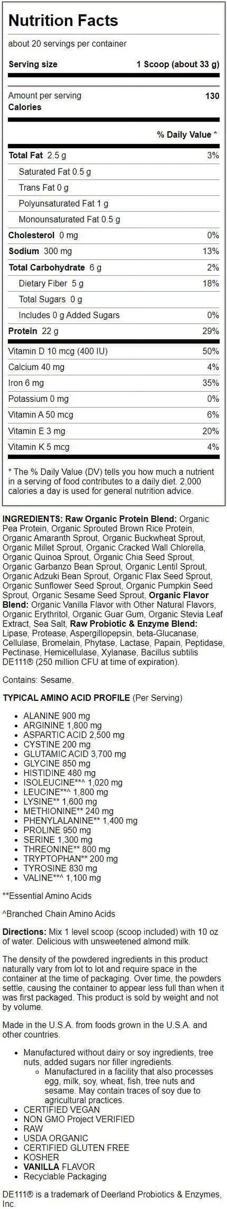 GARDEN OF LIFE ORGANIC VANILLA PROTEIN POWDER 1.4LB 22G PROTEIN 21.9OZ