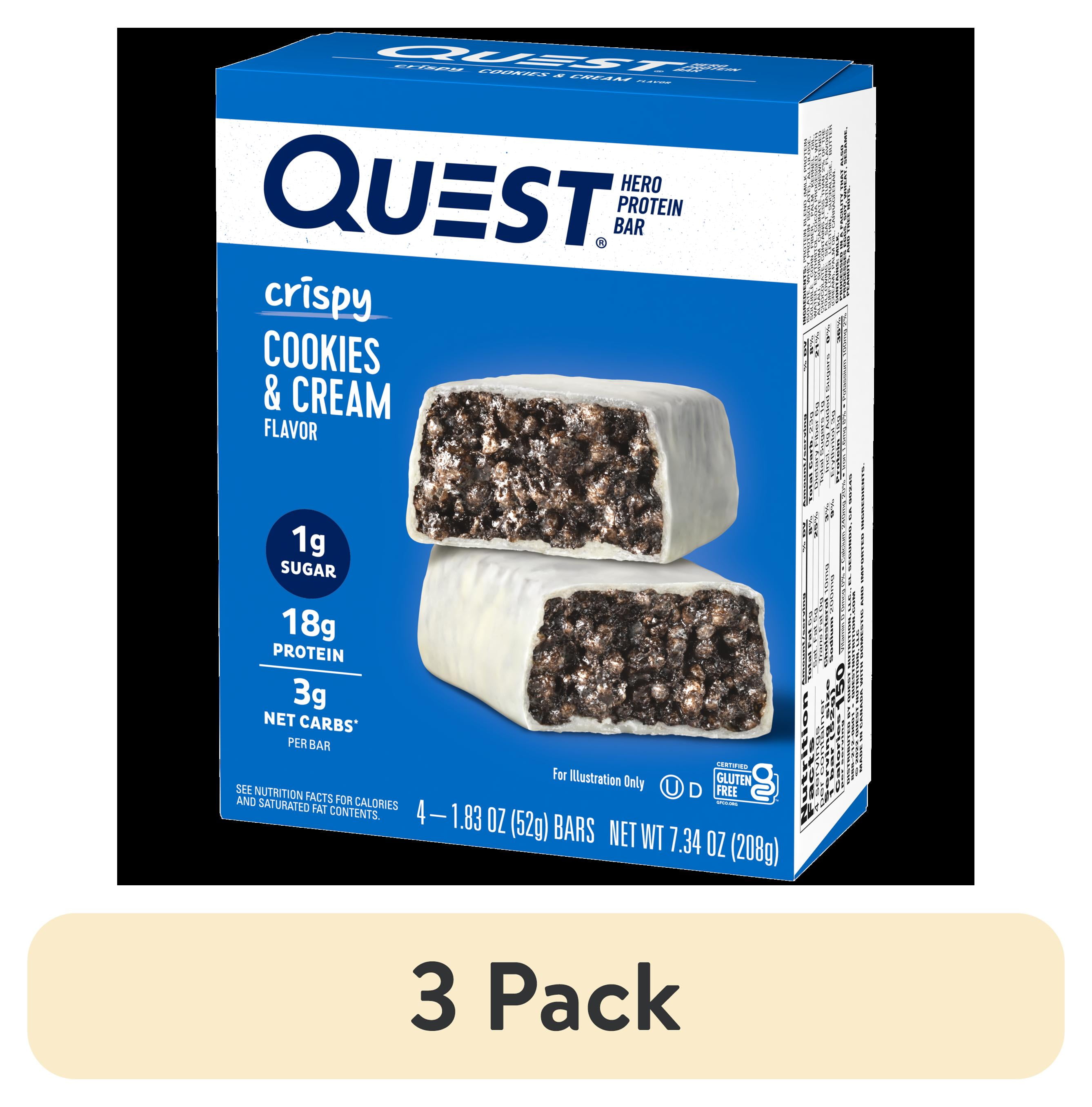 QUEST NUTRITION CRISPY HERO PROTEIN BARS 3 PACK LOW CARB GLUTEN FREE COOKIES & CREAM 4 COUNT