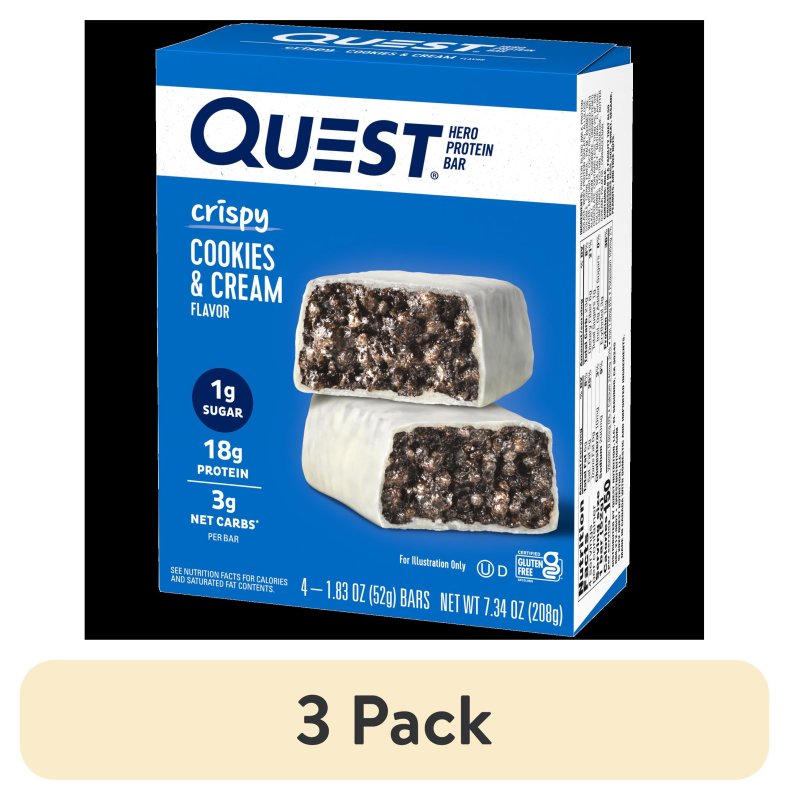 QUEST NUTRITION CRISPY HERO PROTEIN BARS 3 PACK LOW CARB GLUTEN FREE COOKIES & CREAM 4 COUNT