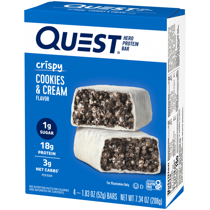 QUEST NUTRITION CRISPY HERO PROTEIN BARS 3 PACK LOW CARB GLUTEN FREE COOKIES & CREAM 4 COUNT
