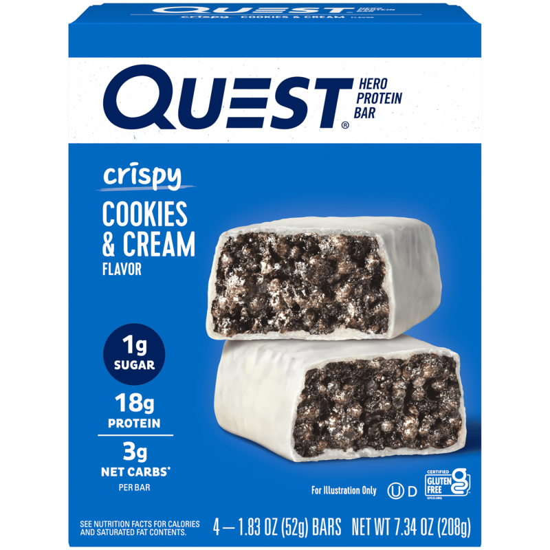 QUEST NUTRITION CRISPY HERO PROTEIN BARS 3 PACK LOW CARB GLUTEN FREE COOKIES & CREAM 4 COUNT