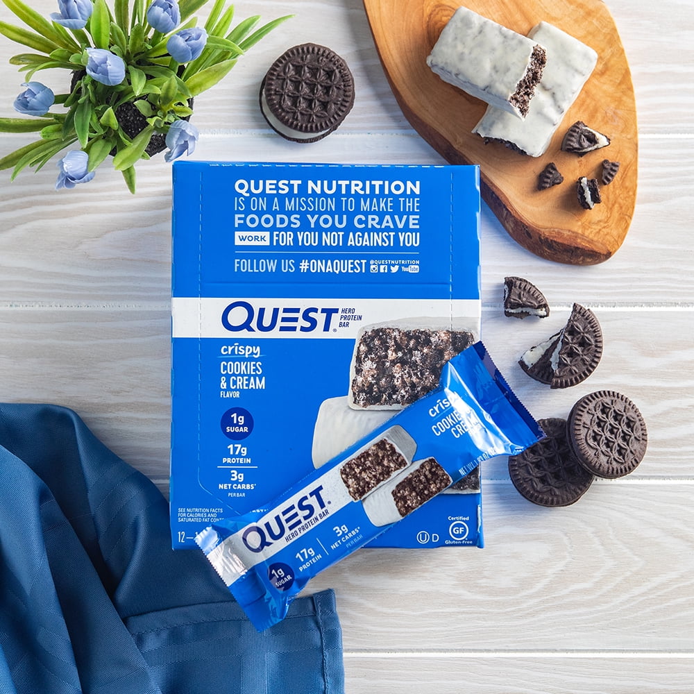 QUEST NUTRITION CRISPY HERO PROTEIN BARS 3 PACK LOW CARB GLUTEN FREE COOKIES & CREAM 4 COUNT