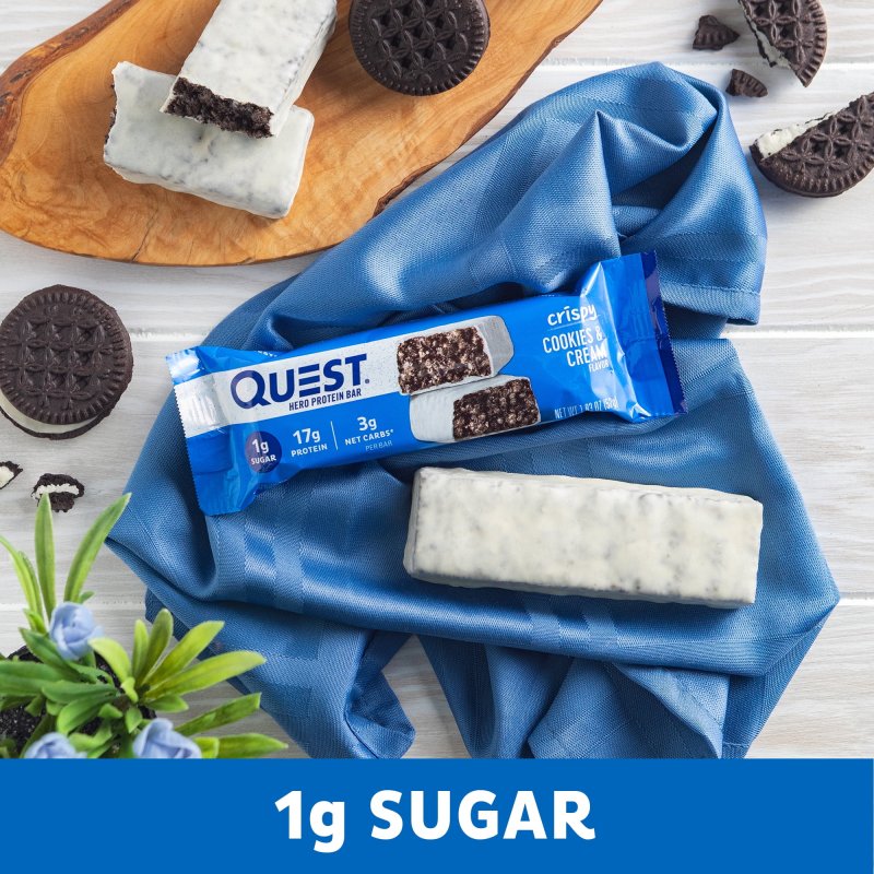 QUEST NUTRITION CRISPY HERO PROTEIN BARS 3 PACK LOW CARB GLUTEN FREE COOKIES & CREAM 4 COUNT
