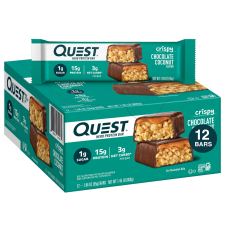 QUEST NUTRITION CRISPY CHOCOLATE COCONUT HERO PROTEIN BAR 15G PROTEIN 1G SUGAR 3G NET CARBS GLUTEN FREE PROTEIN SNACK KETO FRIENDLY 12 COUNT