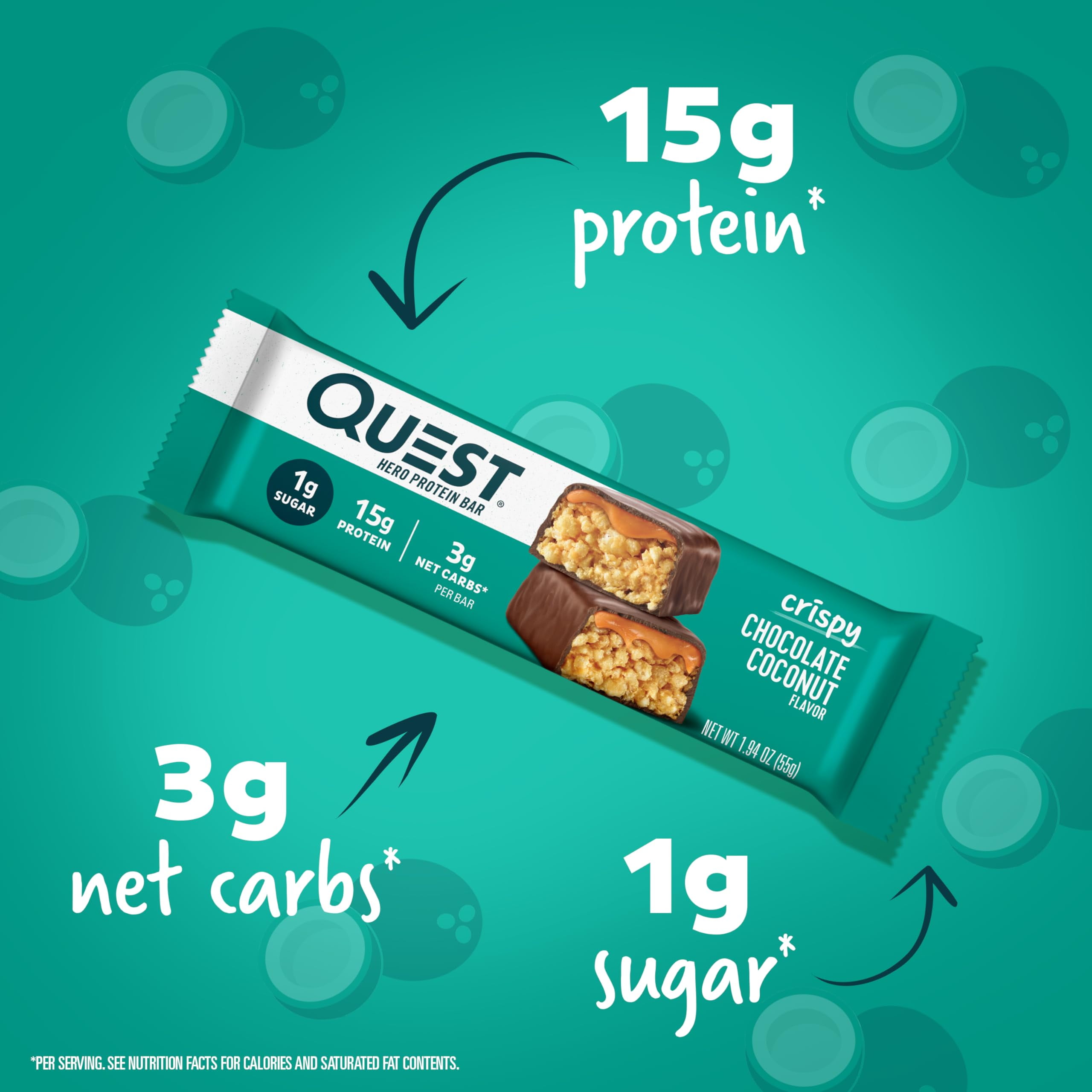 QUEST NUTRITION CRISPY CHOCOLATE COCONUT HERO PROTEIN BAR 15G PROTEIN 1G SUGAR 3G NET CARBS GLUTEN FREE PROTEIN SNACK KETO FRIENDLY 12 COUNT