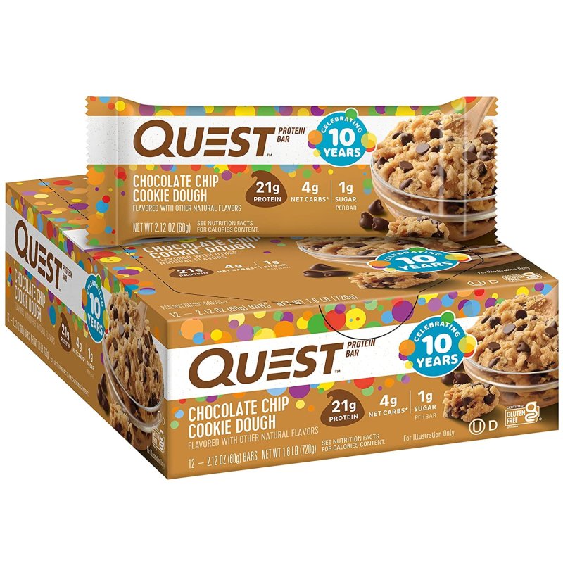 QUEST NUTRITION CHOCOLATE CHIP COOKIE DOUGH PROTEIN BARS HIGH PROTEIN LOW CARB GLUTEN FREE KETO FRIENDLY 12 COUNT