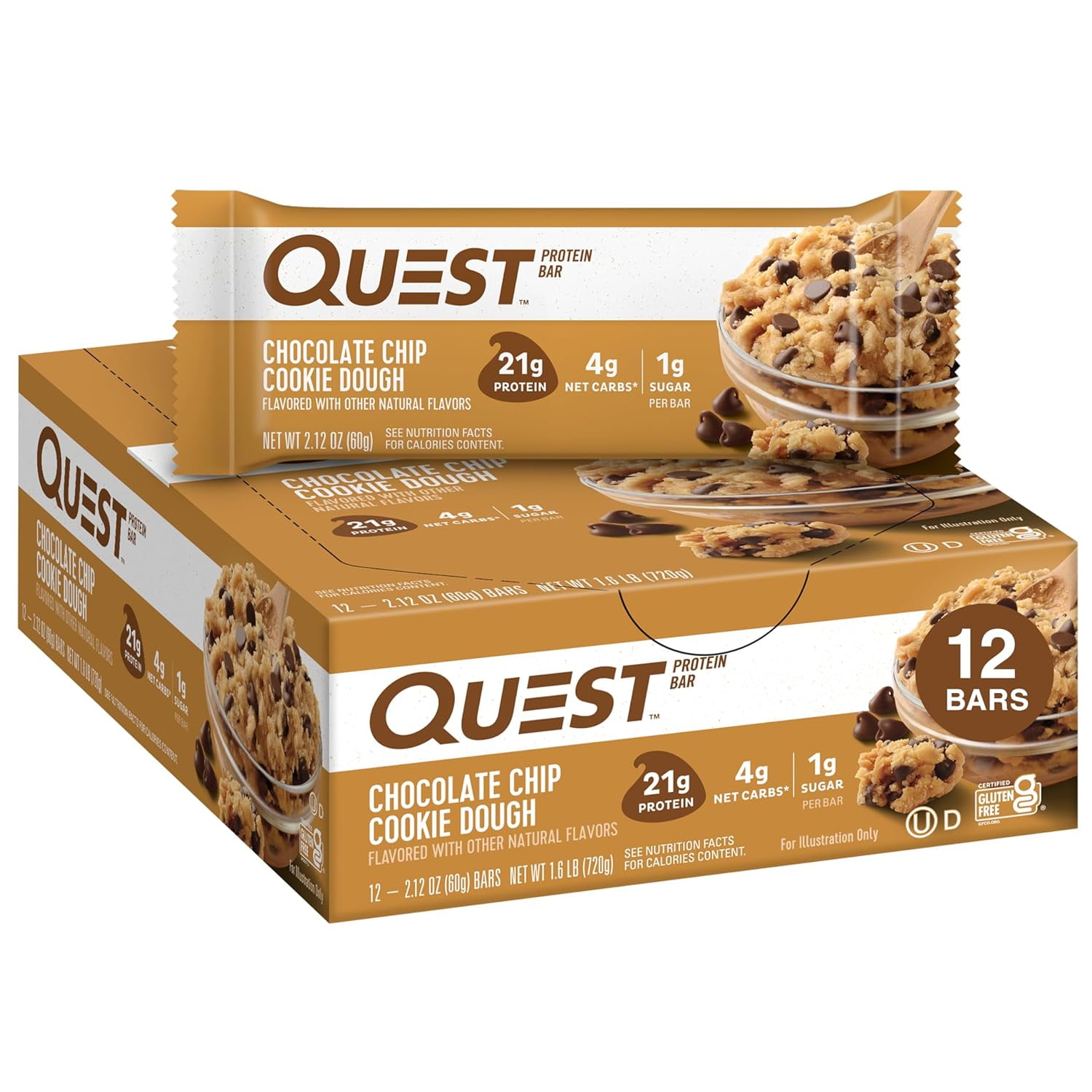 QUEST NUTRITION CHOCOLATE CHIP DOUGH COOKIE PROTEIN BARS 21G PROTEIN 1G SUGAR 4G NET CARB GLUTEN FREE KETO FRIENDLY 12 COUNT