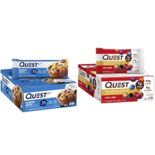 QUEST BLUEBERRY MUFFIN PROTEIN BARS HIGH PROTEIN LOW CARB GLUTEN FREE 12 COUNT AND CHOCOLATEY PEANUT COATED CANDIES 1G SUGAR 10G PROTEIN 4G NET CARBS KETO FRIENDLY 12 COUNT