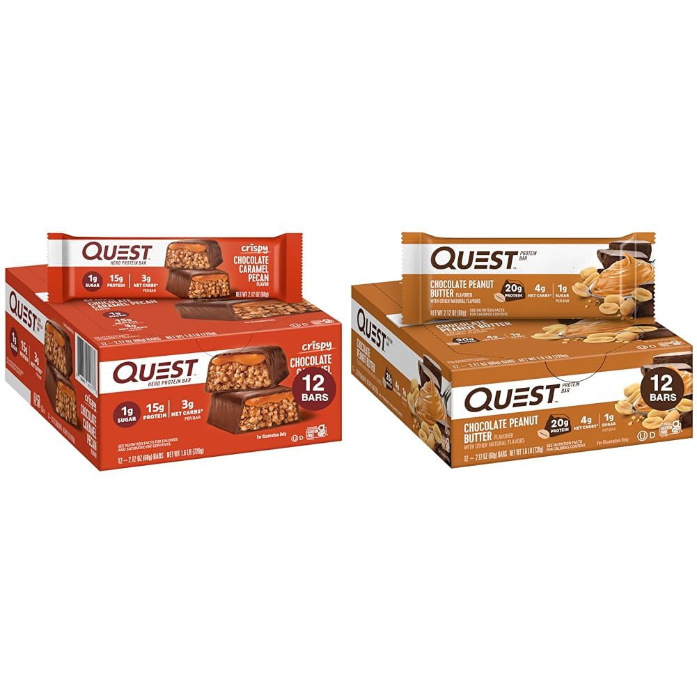 QUEST NUTRITION CRISPY CHOCOLATE CARAMEL PECAN & CHOCOLATE PEANUT BUTTER HERO PROTEIN BARS - HIGH PROTEIN LOW CARB GLUTEN FREE KETO FRIENDLY - 15G PROTEIN 1G SUGAR 3G NET CARB