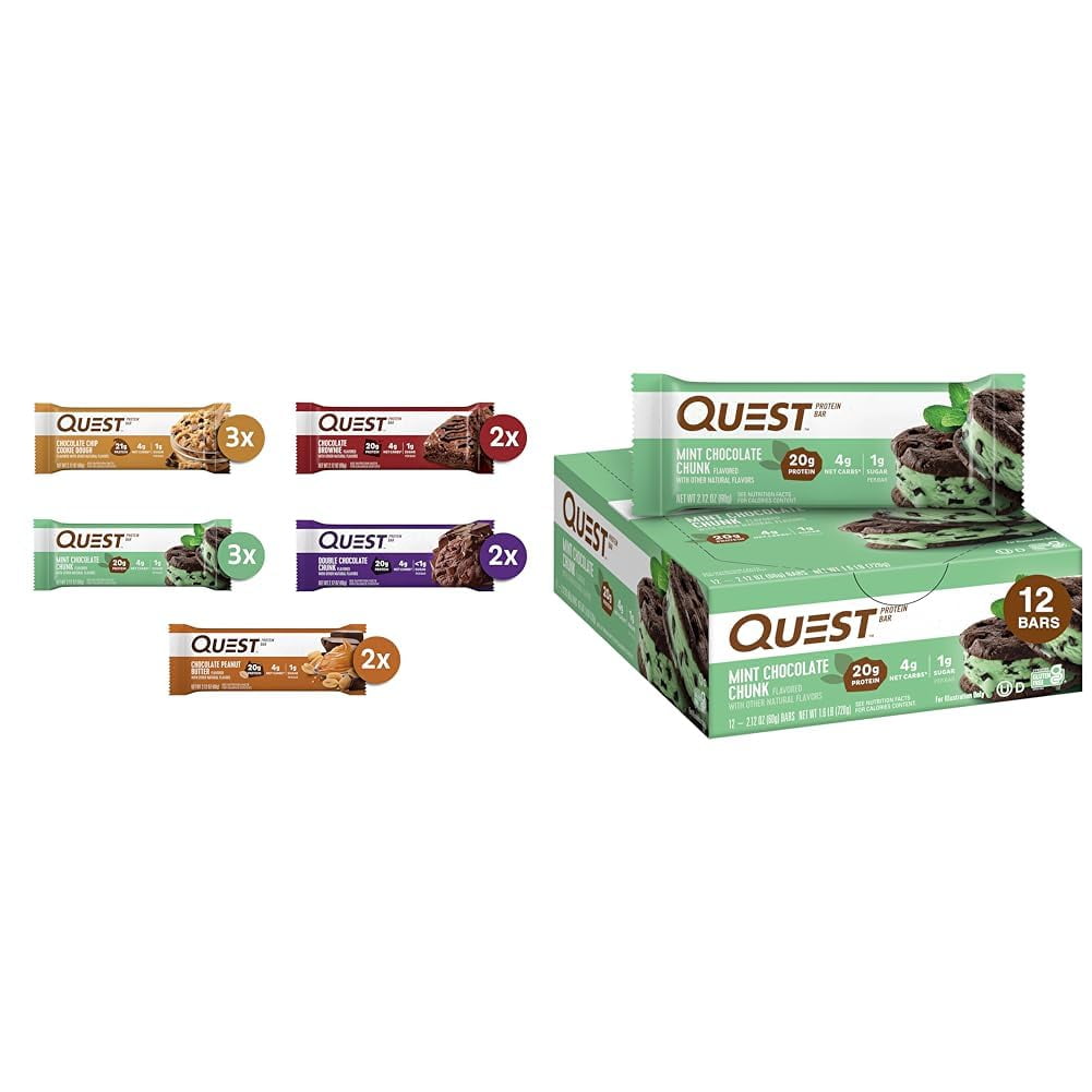 QUEST CHOCOLATE LOVERS MINT CHOCOLATE CHUNK PROTEIN BARS VARIETY PACK 12 COUNT - HIGH PROTEIN GLUTEN FREE PACKAGING VARIES
