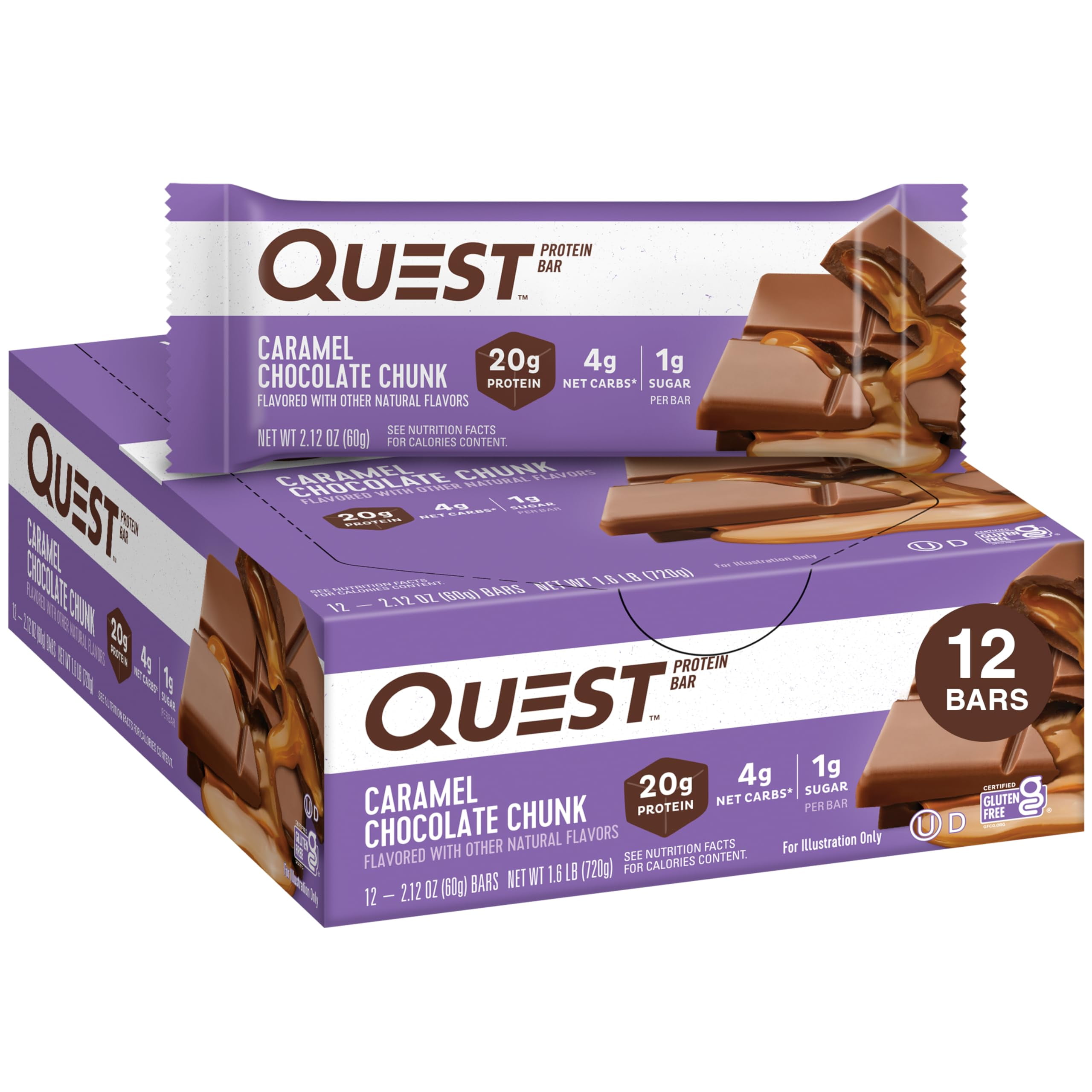 QUEST NUTRITION CARAMEL CHOCOLATE CHUNK & APPLE PIE PROTEIN BARS - HIGH PROTEIN, LOW CARB, GLUTEN FREE - 20G PROTEIN, 4G NET CARBS, 2G SUGAR - PACKAGING MAY VARY