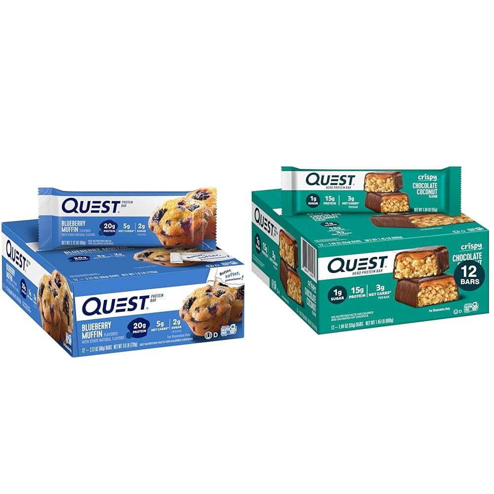 QUEST BLUEBERRY MUFFIN CHOCOLATE COCONUT HERO PROTEIN BARS BUNDLE HIGH PROTEIN LOW CARB GLUTEN FREE 12 COUNT PACKAGING MAY VARY