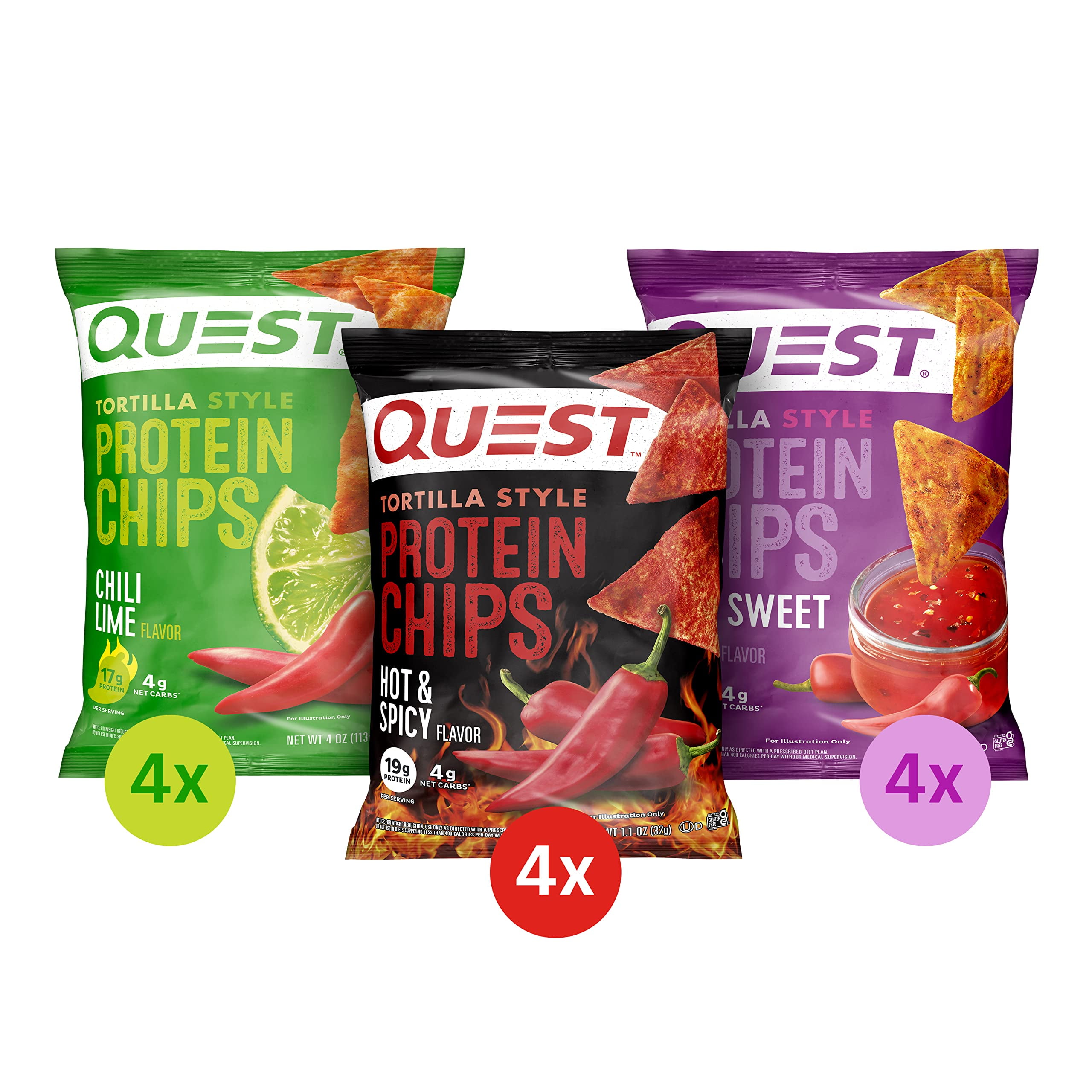 QUEST TORTILLA STYLE PROTEIN CHIPS CHILI LIME HOT SPICY SPICY SWEET CHILI VARIETY PACK 12 COUNT