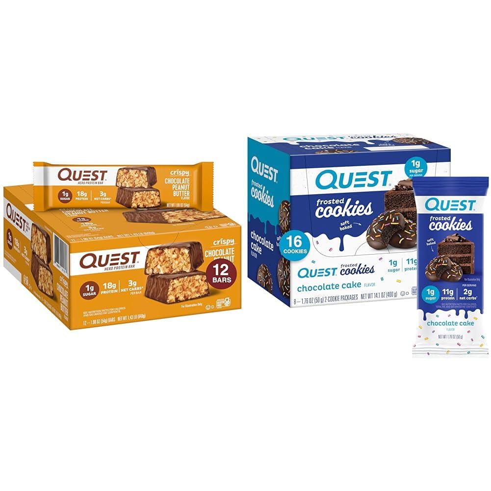 "QUEST NUTRITION CRISPY CHOCOLATE PEANUT BUTTER PROTEIN BAR 12 COUNT + FROSTED COOKIES CHOCOLATE CAKE TWIN PACK BUNDLE
