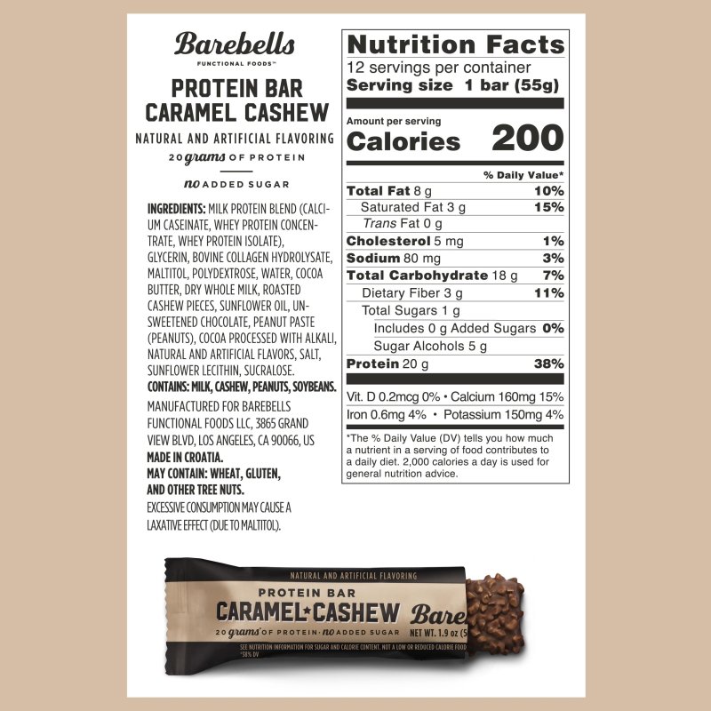 BAREBELLS PROTEIN BARS 20G PROTEIN 1.9OZ CARAMEL CASHEW 24 COUNT