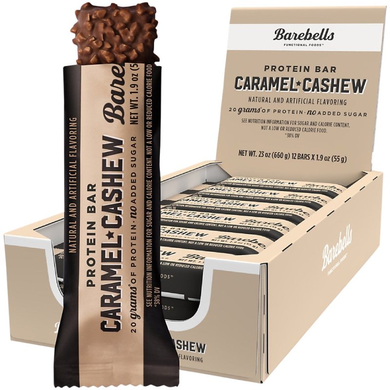 BAREBELLS PROTEIN BARS 20G HIGH PROTEIN 1.9OZ CARAMEL CASHEW 12 COUNT