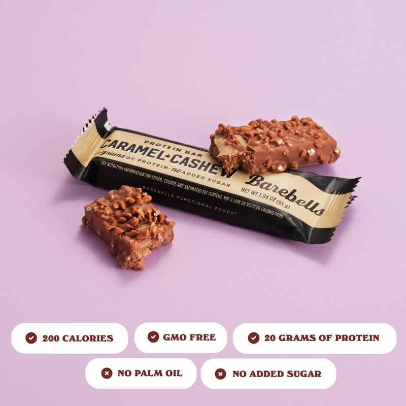 BAREBELLS PROTEIN BARS 20G HIGH PROTEIN 1.9OZ CARAMEL CASHEW 12 COUNT