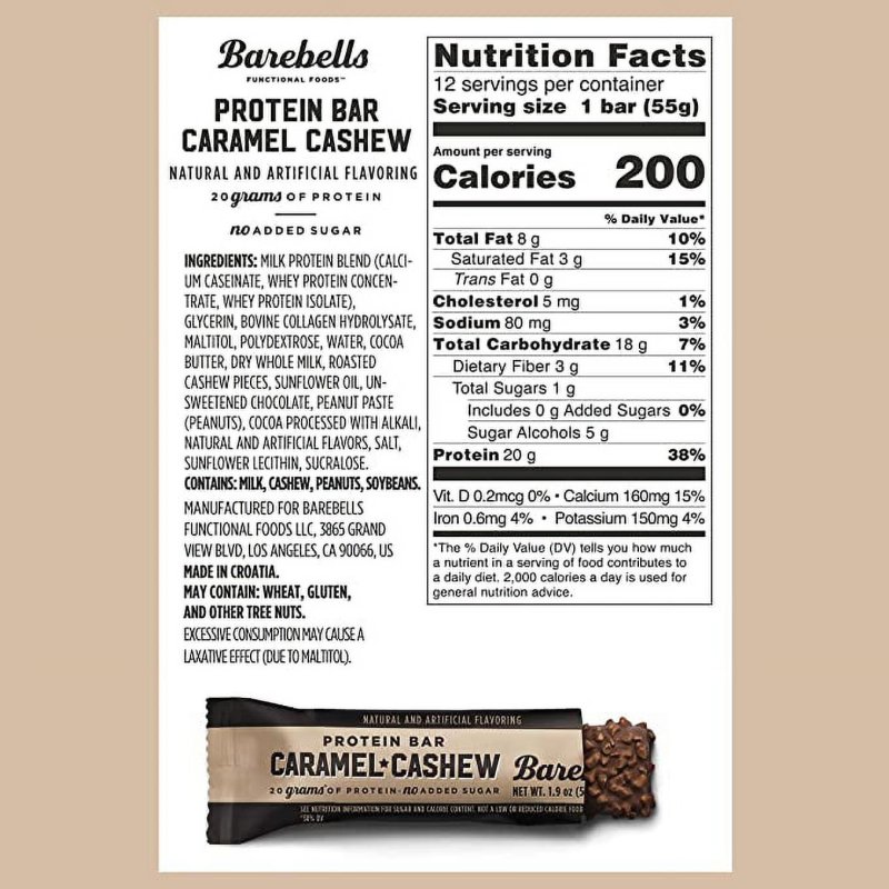 BAREBELLS PROTEIN BARS 20G HIGH PROTEIN 1.9OZ CARAMEL CASHEW 12 COUNT