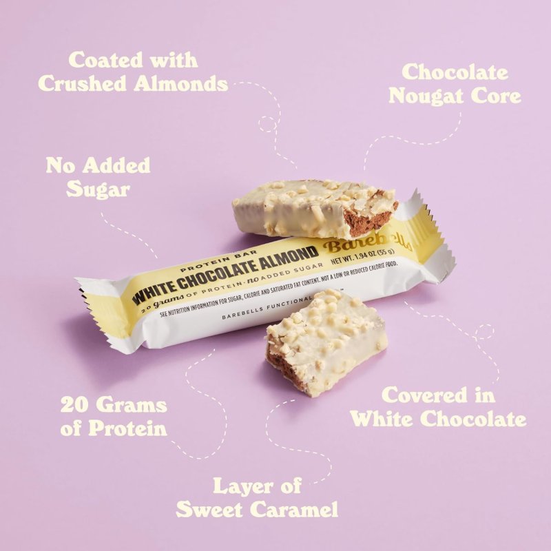 BAREBELLS HIGH PROTEIN BARS 20G PROTEIN 1.9OZ WHITE CHOCOLATE ALMOND 12 COUNT