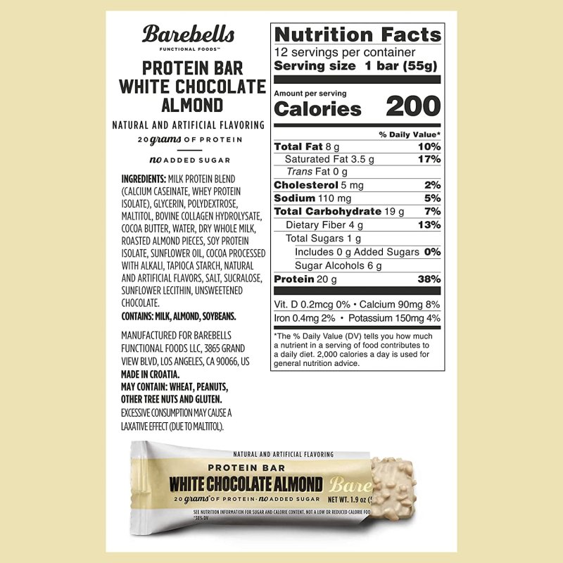 BAREBELLS HIGH PROTEIN BARS 20G PROTEIN 1.9OZ WHITE CHOCOLATE ALMOND 12 COUNT