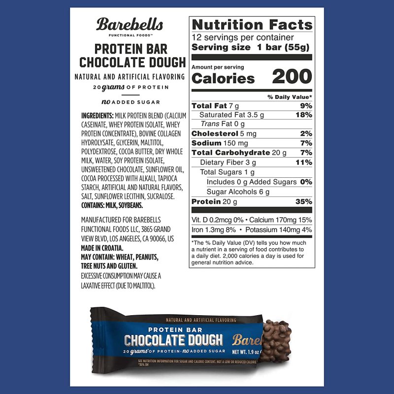 BAREBELLS CHOCOLATE DOUGH PROTEIN BAR BOX OF 12 BARS - 1.94 OZ EACH