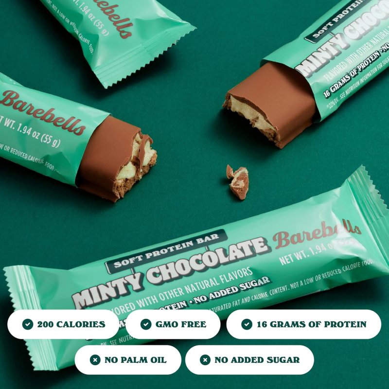 BAREBELLS MINTY CHOCOLATE HIGH PROTEIN BARS 16G PROTEIN 1.9OZ 12-PACK