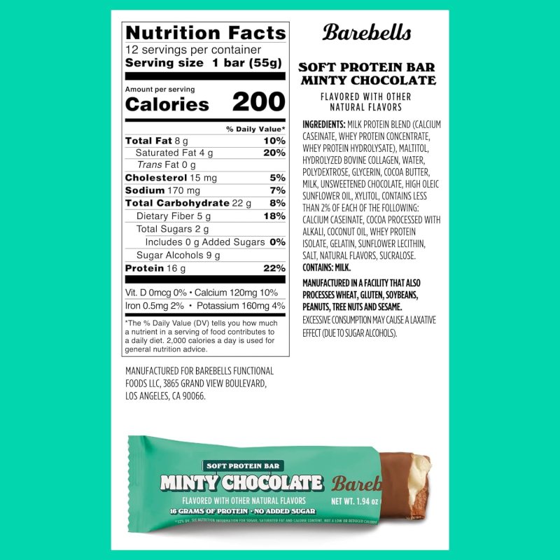 BAREBELLS MINTY CHOCOLATE HIGH PROTEIN BARS 16G PROTEIN 1.9OZ 12-PACK