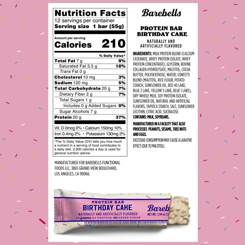 BAREBELLS BIRTHDAY CAKE PROTEIN BARS 20G HIGH PROTEIN 1.9OZ 12 COUNT
