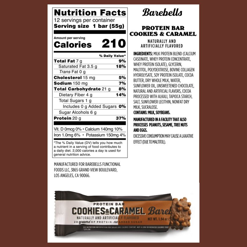 BAREBELLS 20G HIGH PROTEIN BARS, COOKIES AND CARAMEL FLAVOR, 1.9OZ - PACK OF 12