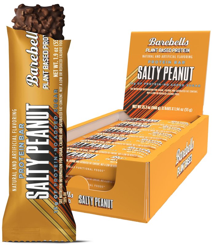 BAREBELLS VEGAN PROTEIN BAR AIF4 SALTY PEANUT 12 COUNT PLANT BASED HIGH PROTEIN SNACKS 15G CHOCOLATE 1G SUGAR