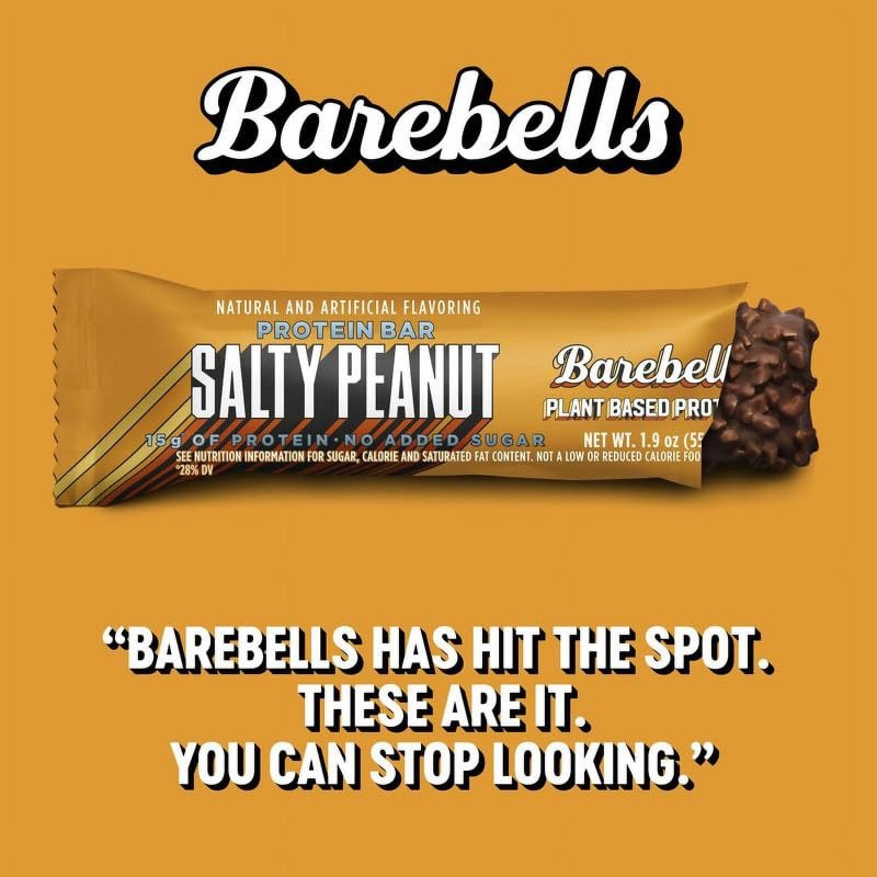 BAREBELLS VEGAN PROTEIN BAR AIF4 SALTY PEANUT 12 COUNT PLANT BASED HIGH PROTEIN SNACKS 15G CHOCOLATE 1G SUGAR