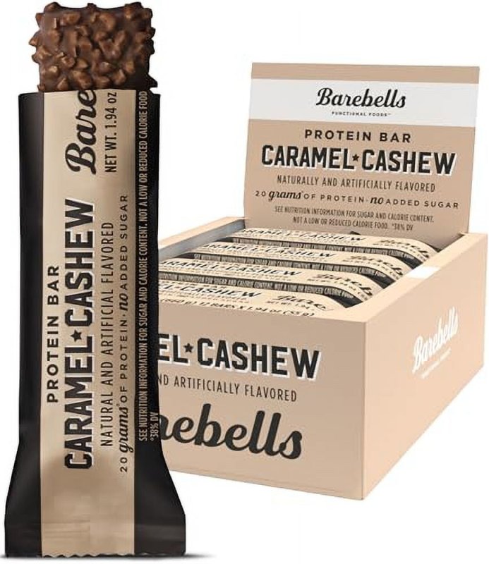 BAREBELLS CARAMEL CASHEW PROTEIN BARS - 12 COUNT, 1.9OZ BARS WITH 20G HIGH PROTEIN - CHOCOLATE BAR 1G TOTAL SUGARS