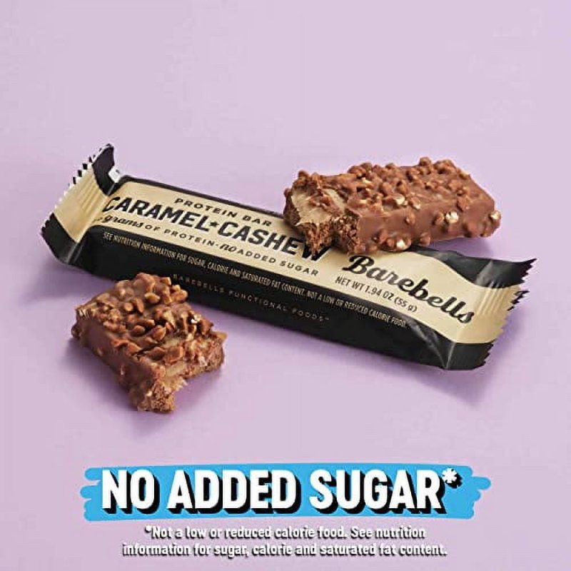 BAREBELLS CARAMEL CASHEW PROTEIN BARS - 12 COUNT, 1.9OZ BARS WITH 20G HIGH PROTEIN - CHOCOLATE BAR 1G TOTAL SUGARS