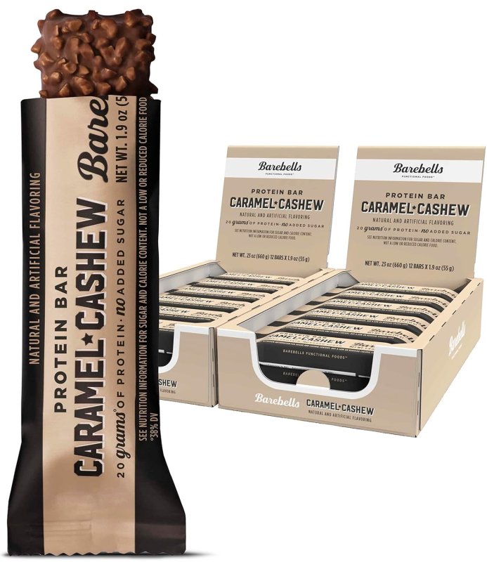 BAREBELLS CARAMEL CASHEW PROTEIN BARS 12 COUNT PACK OF 2 HIGH PROTEIN SNACKS 20G CHOCOLATE BAR 1G TOTAL SUGARS