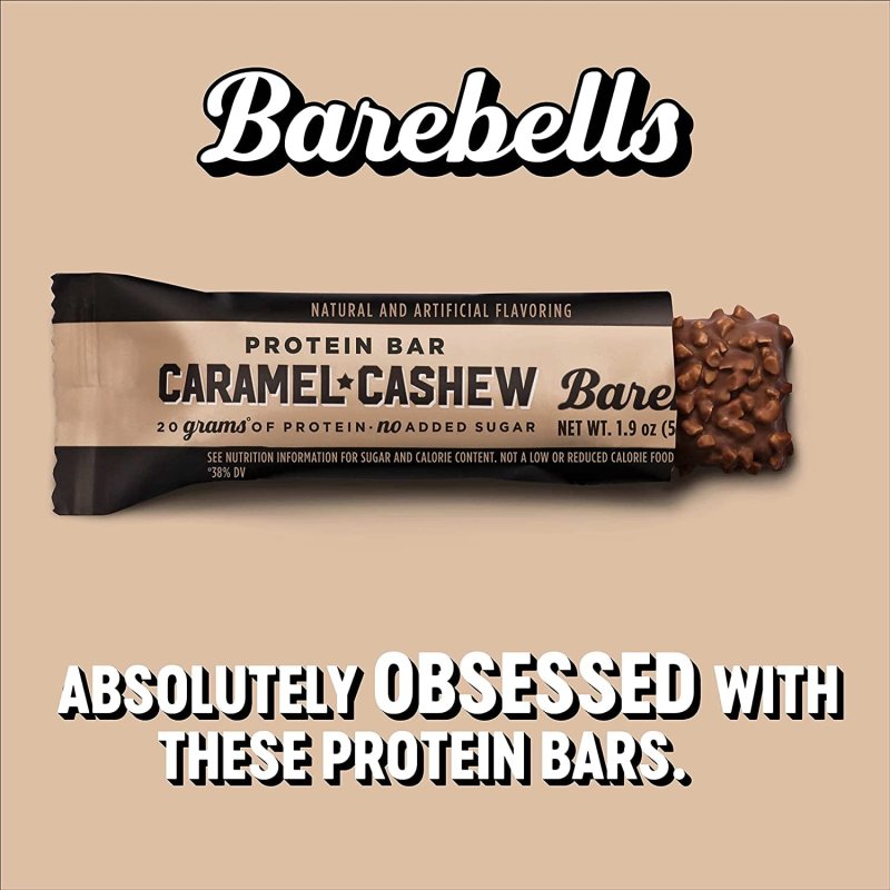 BAREBELLS CARAMEL CASHEW PROTEIN BARS 12 COUNT PACK OF 2 HIGH PROTEIN SNACKS 20G CHOCOLATE BAR 1G TOTAL SUGARS
