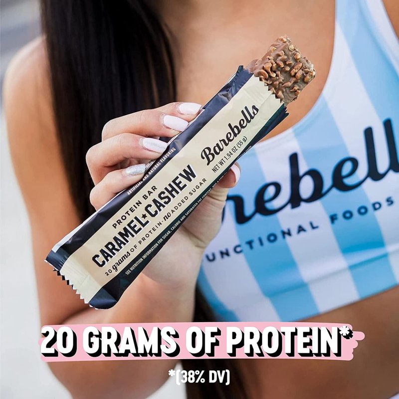 BAREBELLS CARAMEL CASHEW PROTEIN BARS 12 COUNT PACK OF 2 HIGH PROTEIN SNACKS 20G CHOCOLATE BAR 1G TOTAL SUGARS