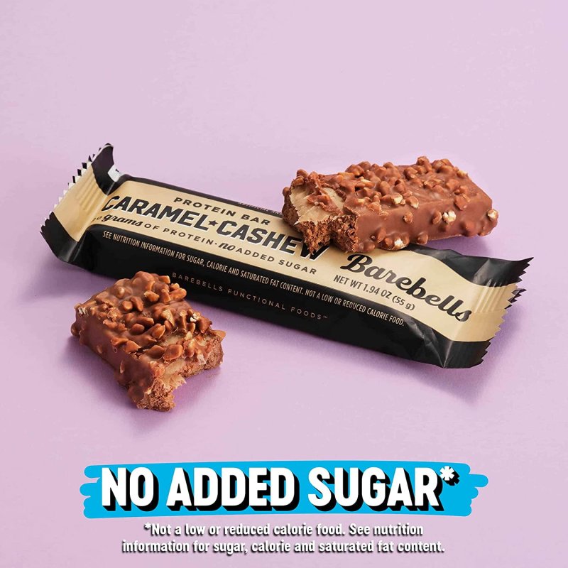 BAREBELLS CARAMEL CASHEW PROTEIN BARS 12 COUNT PACK OF 2 HIGH PROTEIN SNACKS 20G CHOCOLATE BAR 1G TOTAL SUGARS
