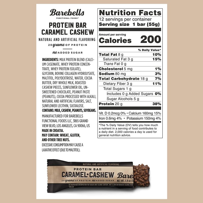 BAREBELLS CARAMEL CASHEW PROTEIN BARS 12 COUNT PACK OF 2 HIGH PROTEIN SNACKS 20G CHOCOLATE BAR 1G TOTAL SUGARS