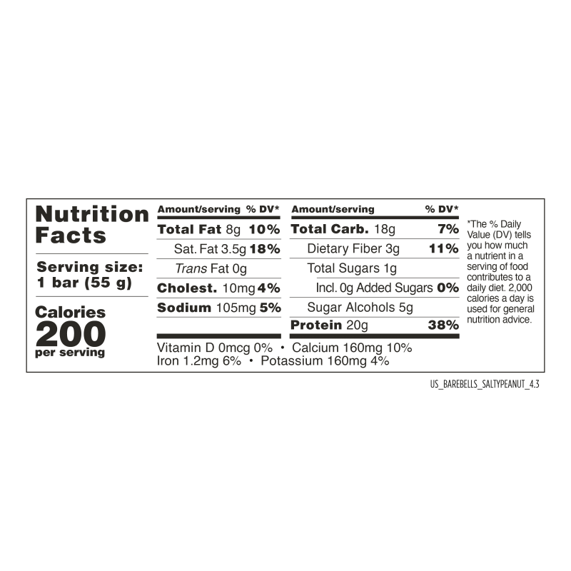 BAREBELLS HIGH PROTEIN SALTY PEANUT BARS 20G 1.9OZ 24 COUNT