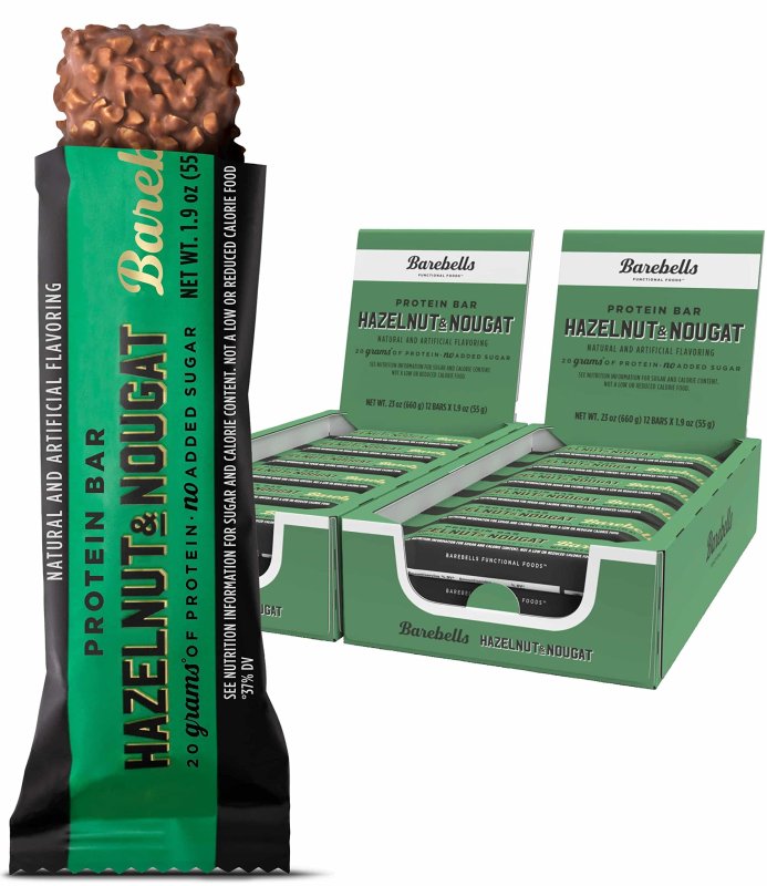 BAREBELLS HAZELNUT NOUGAT PROTEIN BARS 12 COUNT PACK 2 HIGH PROTEIN SNACK BREAKFAST BAR 20G PROTEIN 1G SUGARS