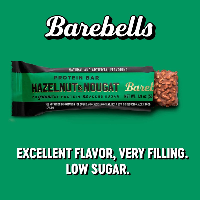 BAREBELLS HAZELNUT NOUGAT PROTEIN BARS 12 COUNT PACK 2 HIGH PROTEIN SNACK BREAKFAST BAR 20G PROTEIN 1G SUGARS
