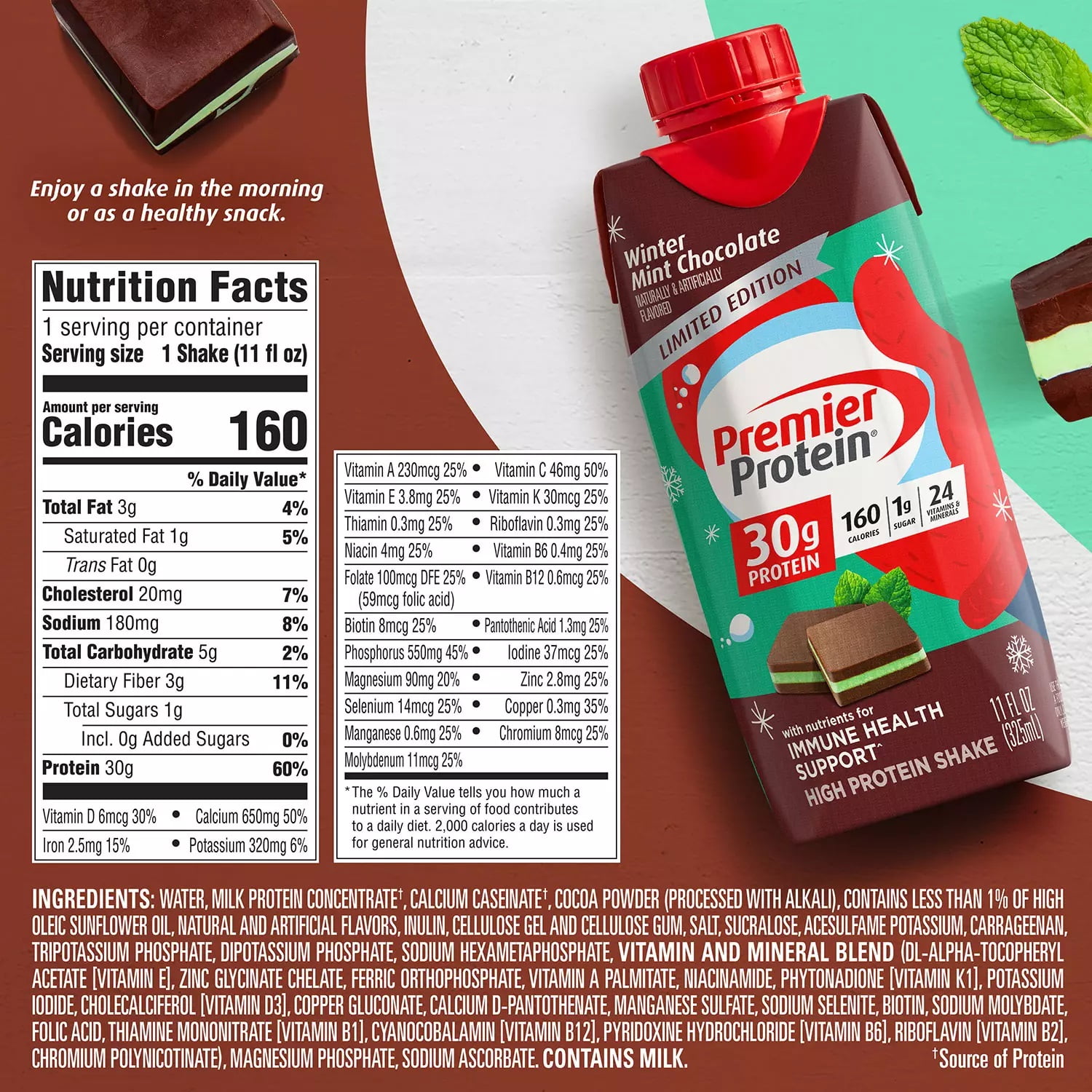 PREMIER PROTEIN WINTER MINT CHOCOLATE HIGH PROTEIN SHAKE 11 FL OZ PACK OF 15